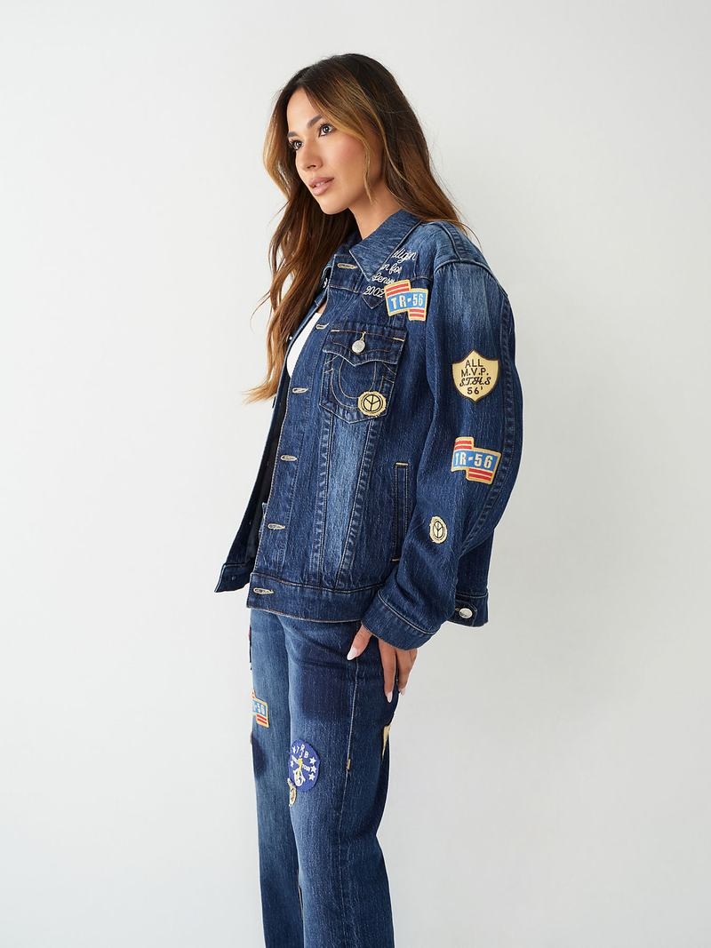 True Religion Jimmy Logo Patch Denim Jeansjacke Damen Navy | 37152UYAS