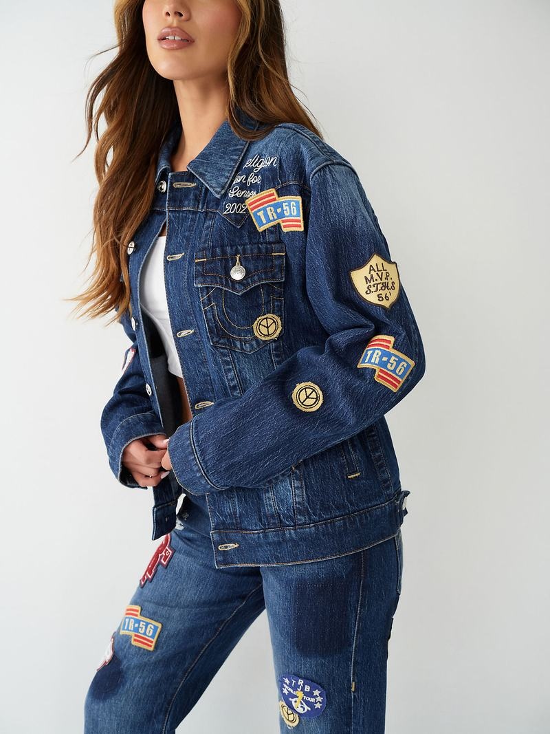 True Religion Jimmy Logo Patch Denim Jeansjacke Damen Navy | 37152UYAS