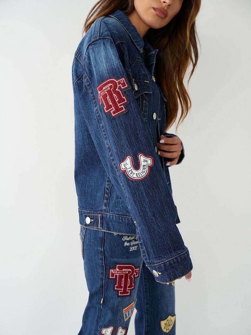 True Religion Jimmy Logo Patch Denim Jeansjacke Damen Navy | 37152UYAS