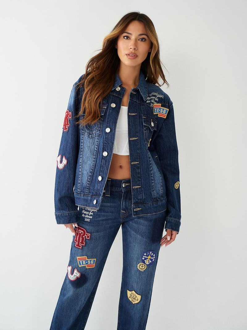 True Religion Jimmy Logo Patch Denim Jeansjacke Damen Navy | 37152UYAS