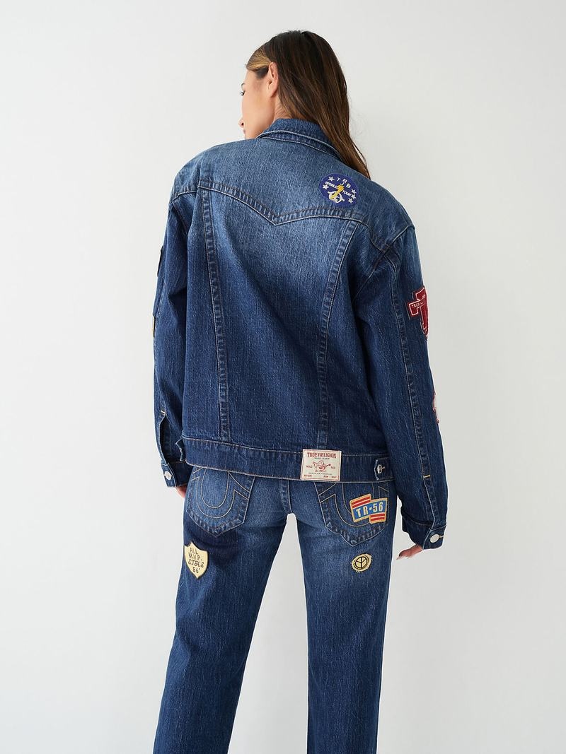 True Religion Jimmy Logo Patch Denim Jeansjacke Damen Navy | 37152UYAS