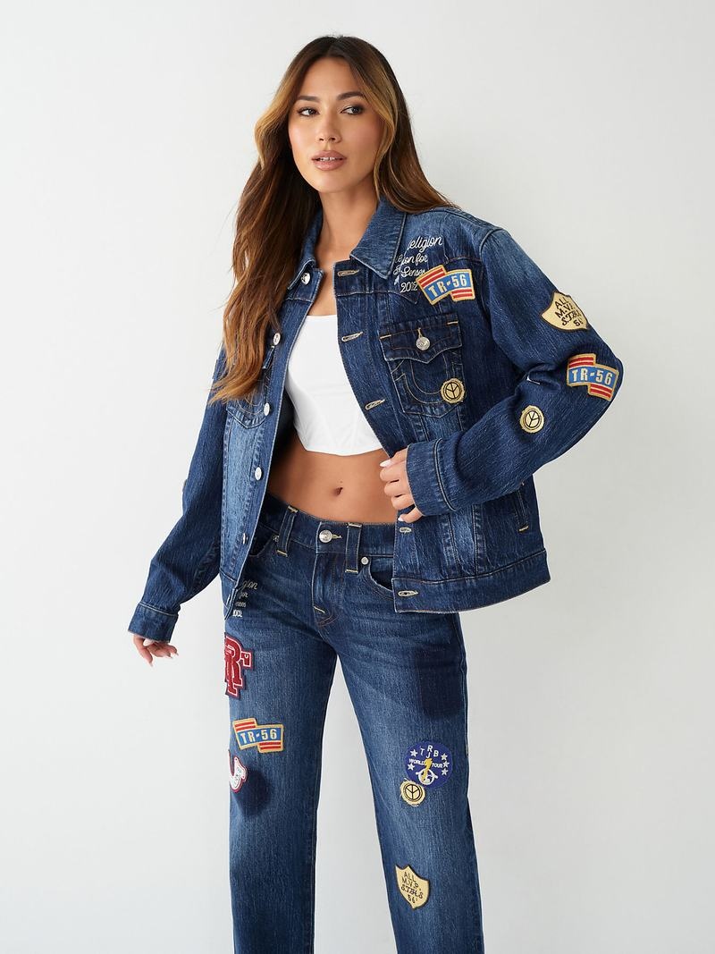 True Religion Jimmy Logo Patch Denim Jeansjacke Damen Navy | 37152UYAS