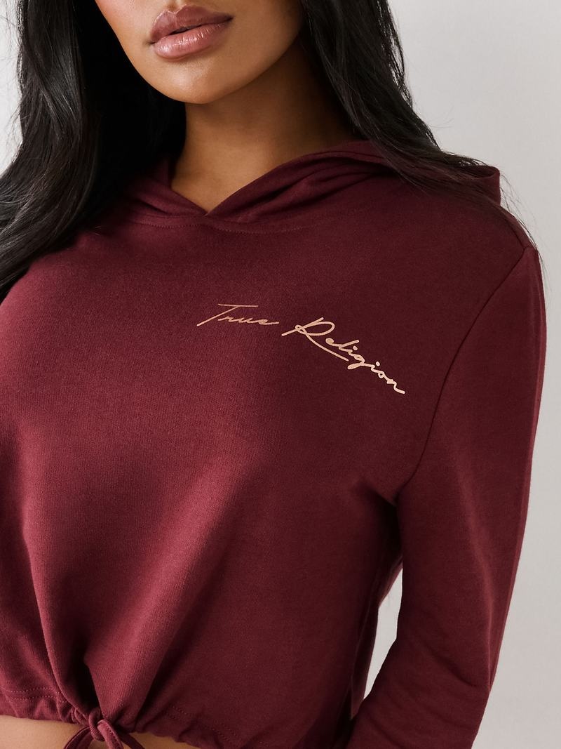 True Religion Logo Crop Hoodie Damen Bordeaux | 98607XVOA