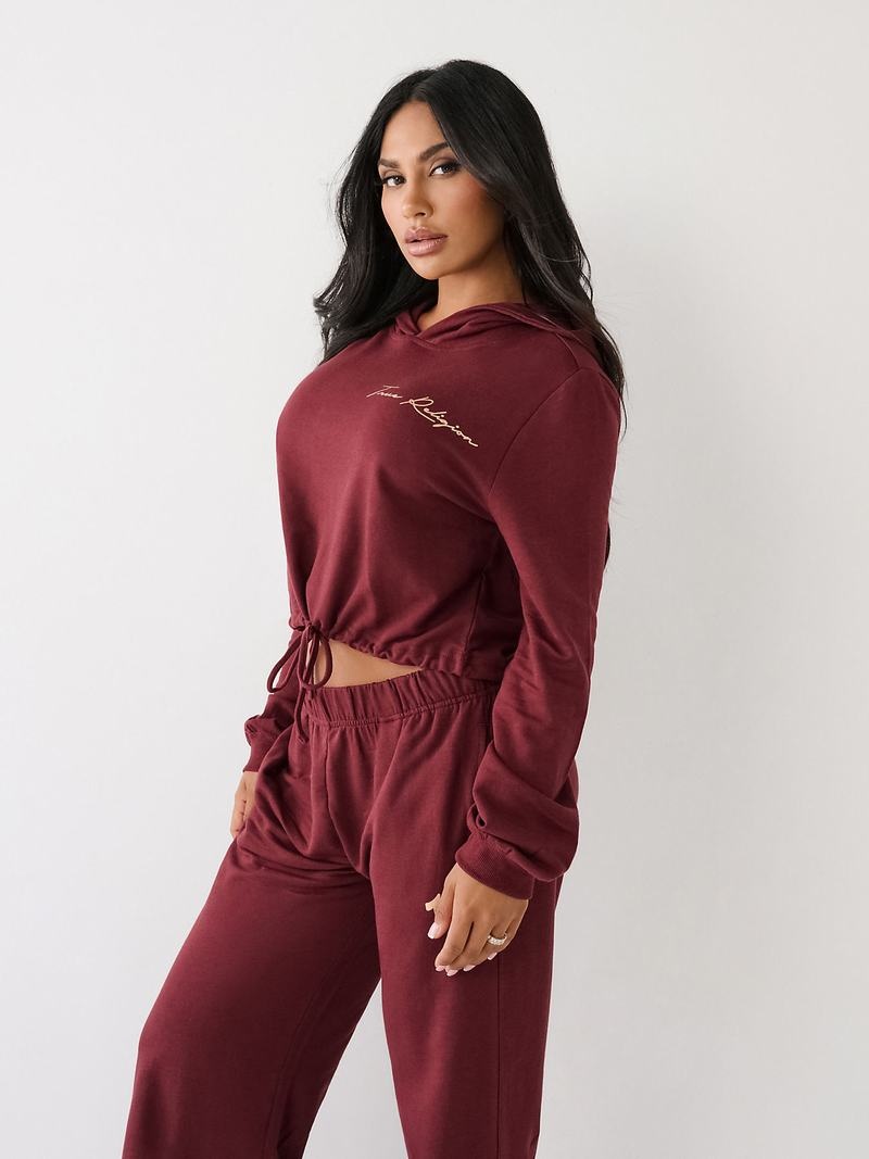 True Religion Logo Crop Hoodie Damen Bordeaux | 98607XVOA