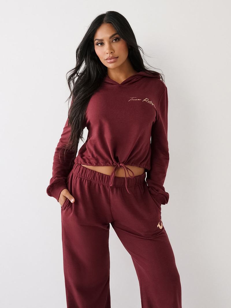 True Religion Logo Crop Hoodie Damen Bordeaux | 98607XVOA