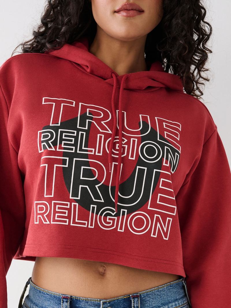 True Religion Logo Crop Hoodie Damen Rot | 10637WALH