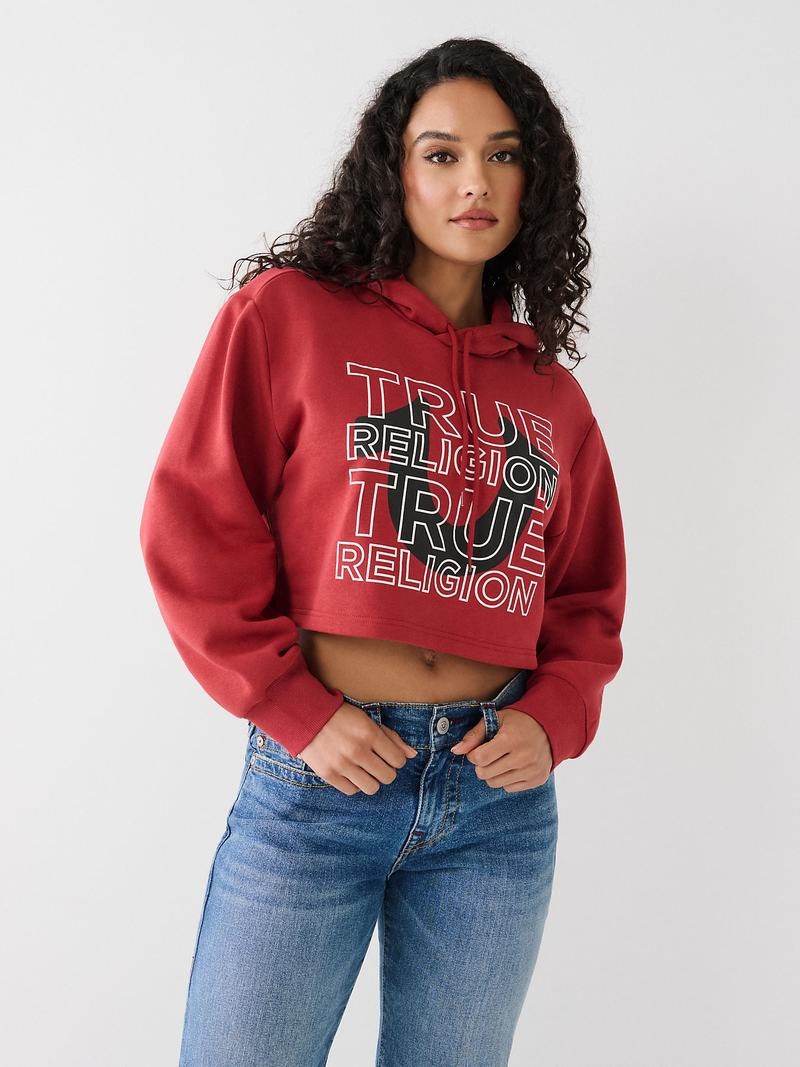 True Religion Logo Crop Hoodie Damen Rot | 10637WALH