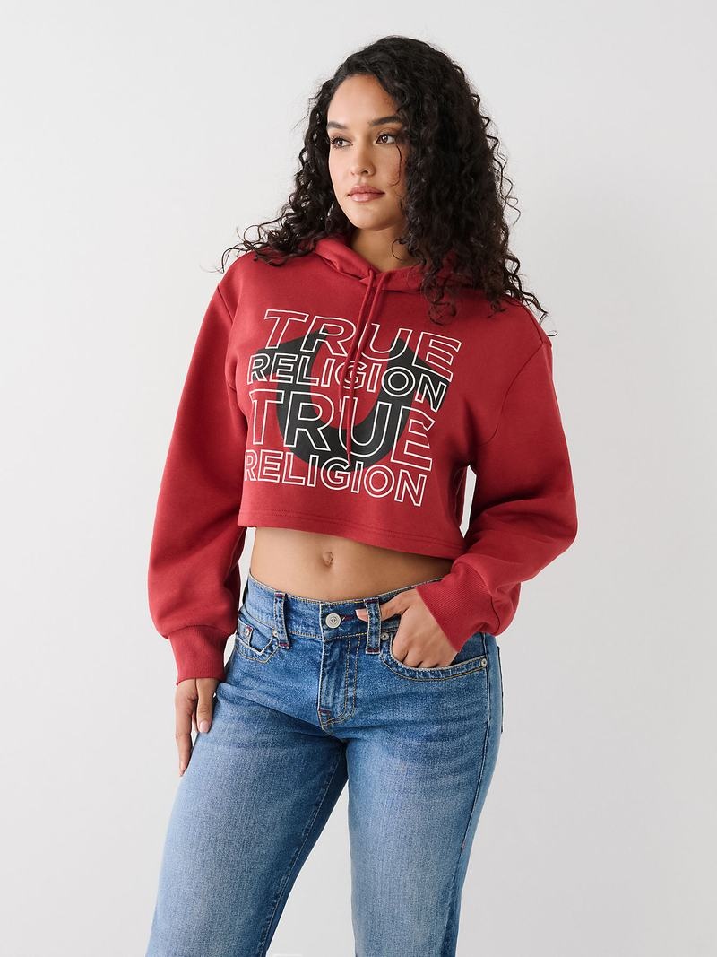 True Religion Logo Crop Hoodie Damen Rot | 10637WALH