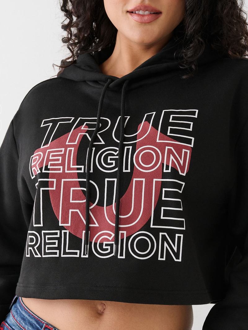 True Religion Logo Crop Hoodie Damen Schwarz | 24317MNKO