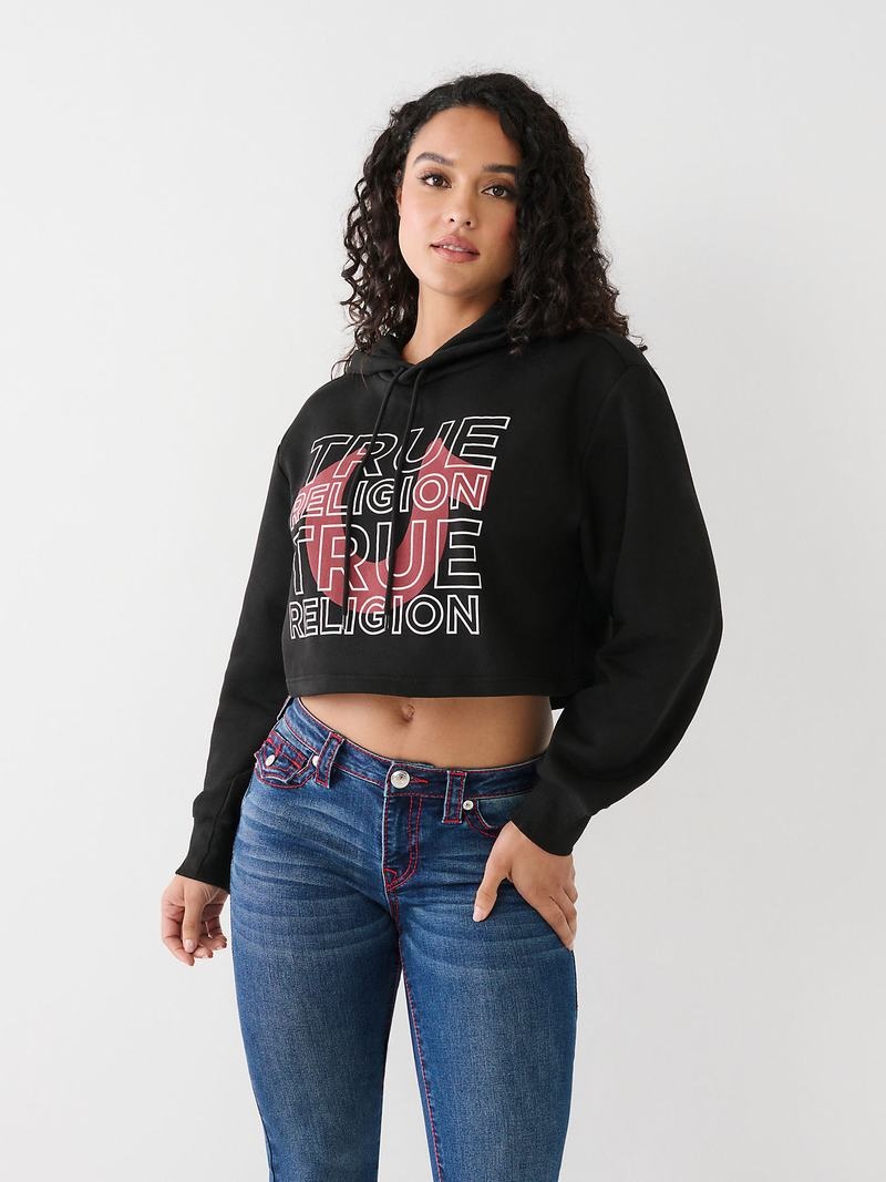 True Religion Logo Crop Hoodie Damen Schwarz | 24317MNKO