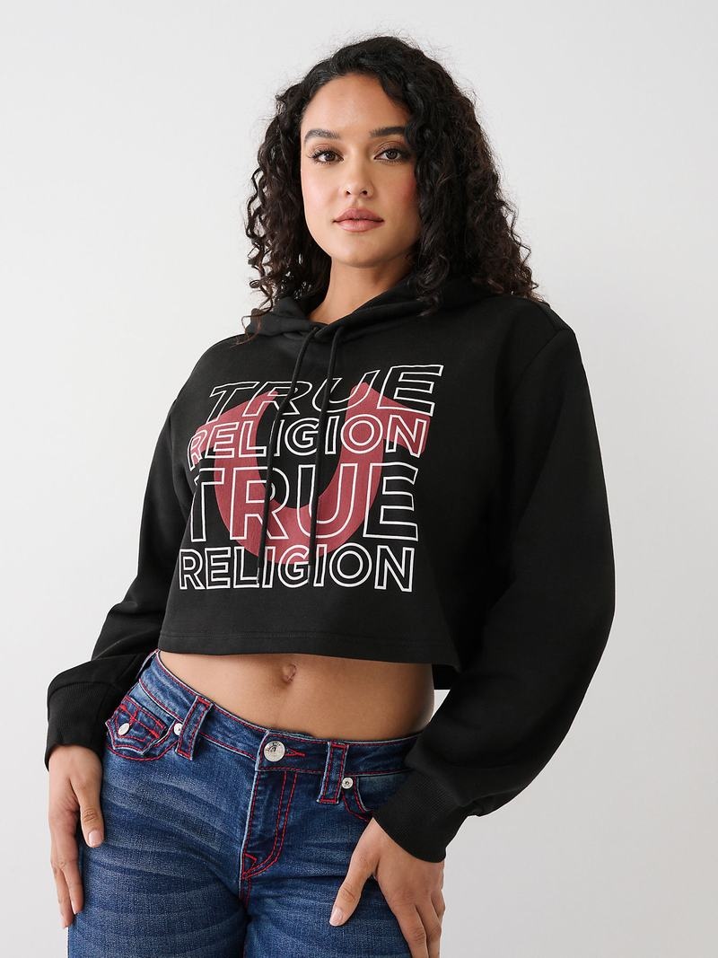 True Religion Logo Crop Hoodie Damen Schwarz | 24317MNKO