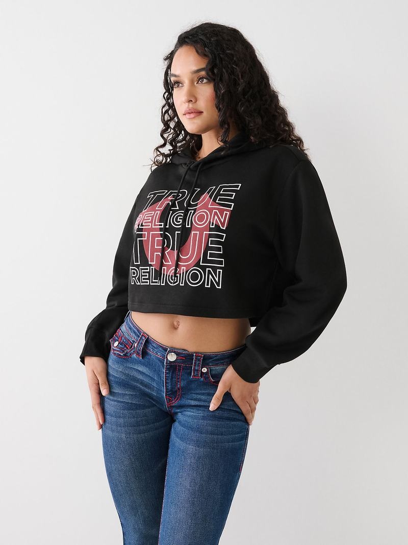 True Religion Logo Crop Hoodie Damen Schwarz | 24317MNKO