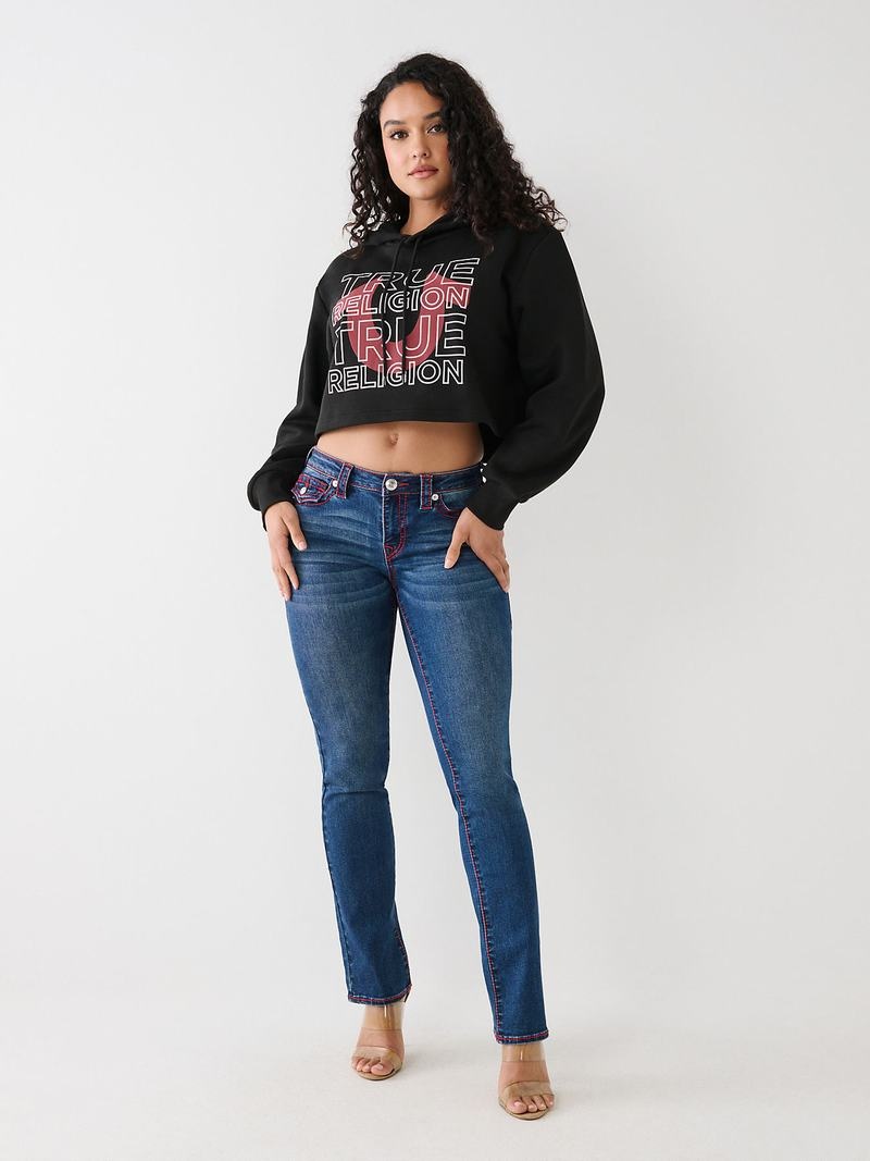 True Religion Logo Crop Hoodie Damen Schwarz | 24317MNKO