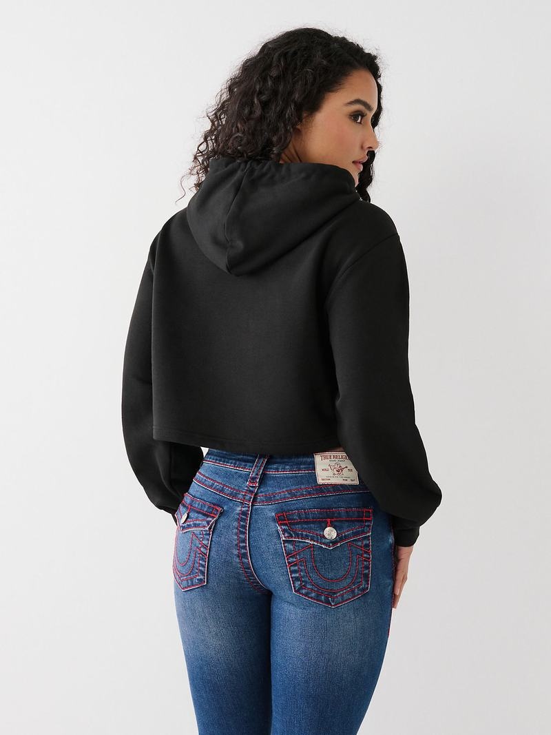 True Religion Logo Crop Hoodie Damen Schwarz | 24317MNKO