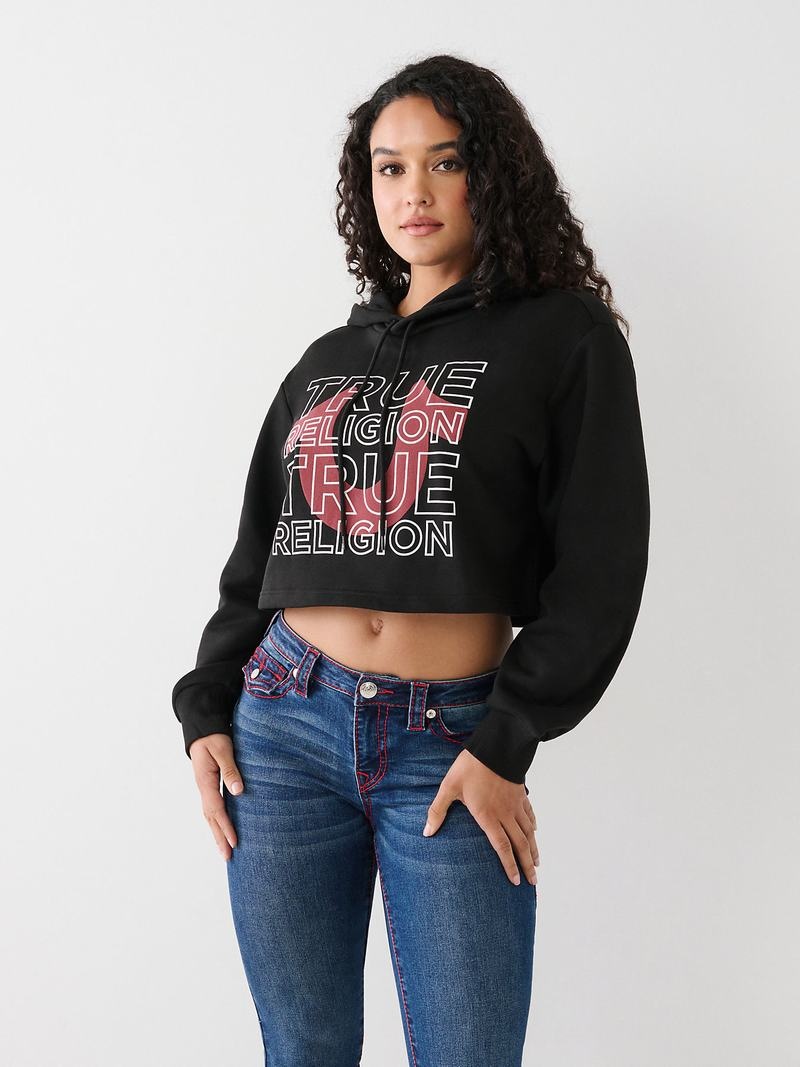 True Religion Logo Crop Hoodie Damen Schwarz | 24317MNKO