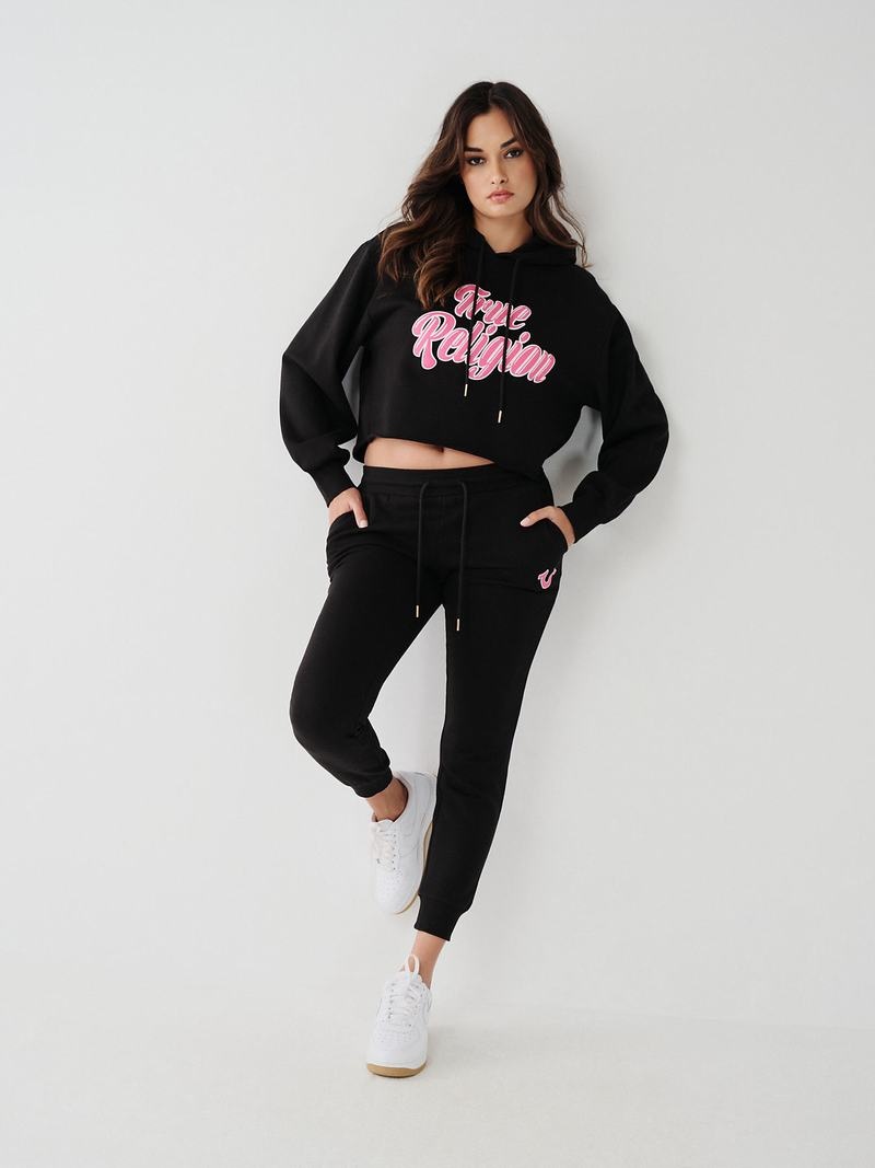 True Religion Logo Crop Hoodie Damen Schwarz | 70829MNHJ