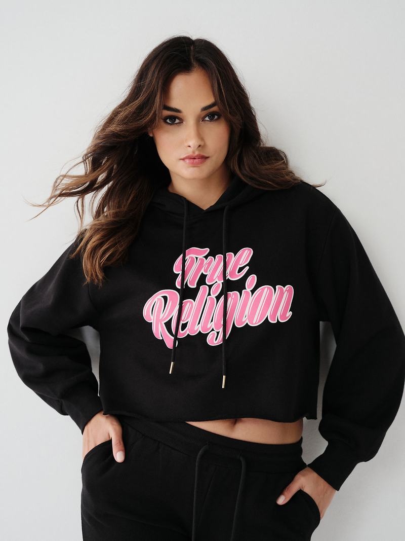 True Religion Logo Crop Hoodie Damen Schwarz | 70829MNHJ