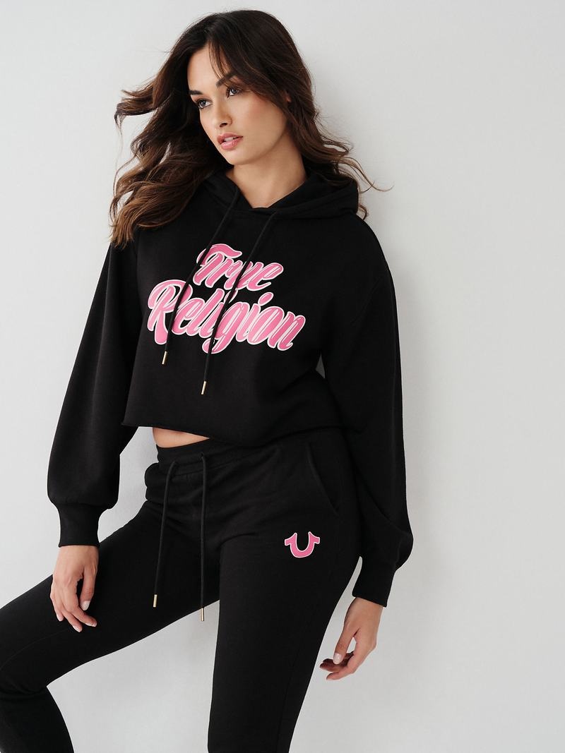 True Religion Logo Crop Hoodie Damen Schwarz | 70829MNHJ