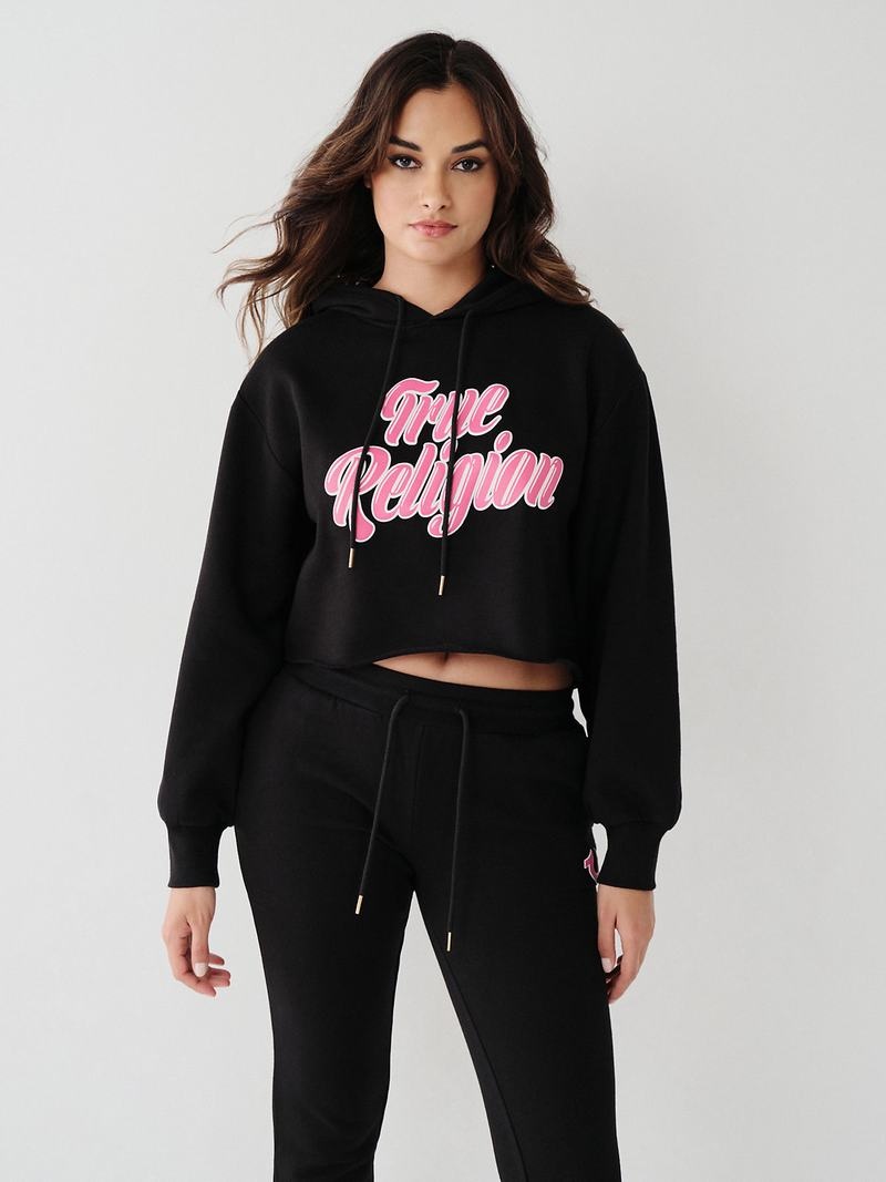 True Religion Logo Crop Hoodie Damen Schwarz | 70829MNHJ