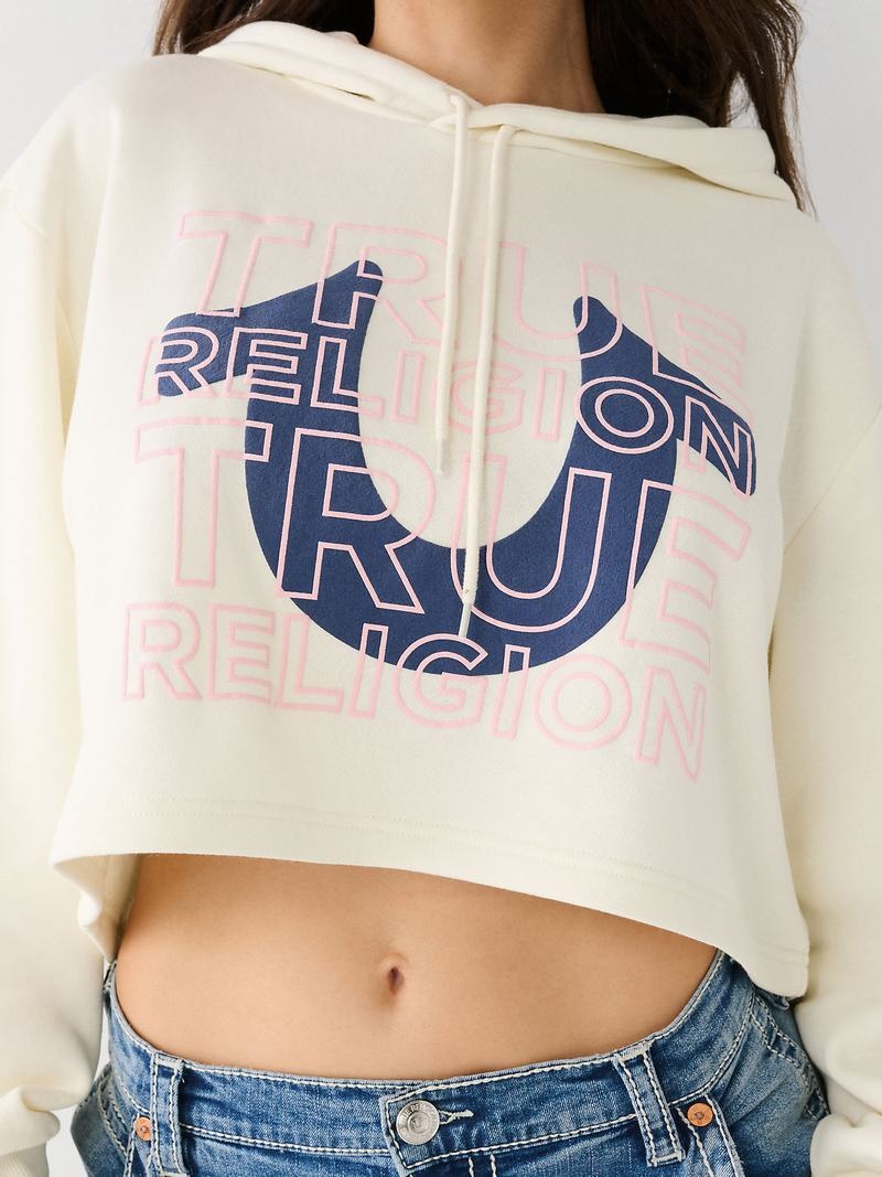 True Religion Logo Crop Hoodie Damen Weiß | 46209VFQX