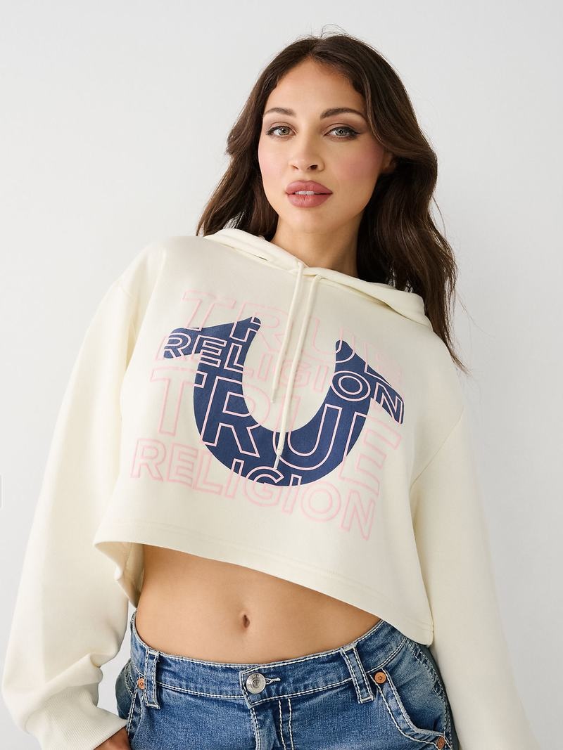 True Religion Logo Crop Hoodie Damen Weiß | 46209VFQX