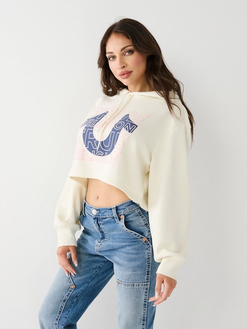 True Religion Logo Crop Hoodie Damen Weiß | 46209VFQX