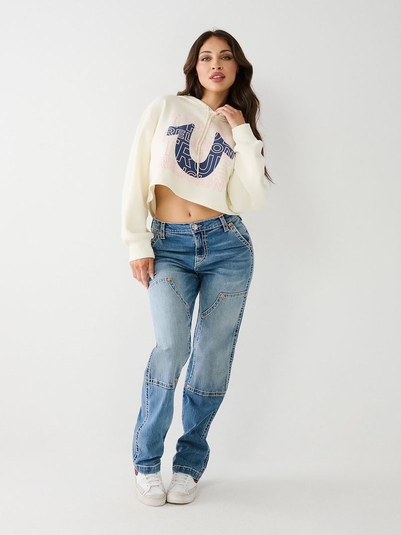 True Religion Logo Crop Hoodie Damen Weiß | 46209VFQX