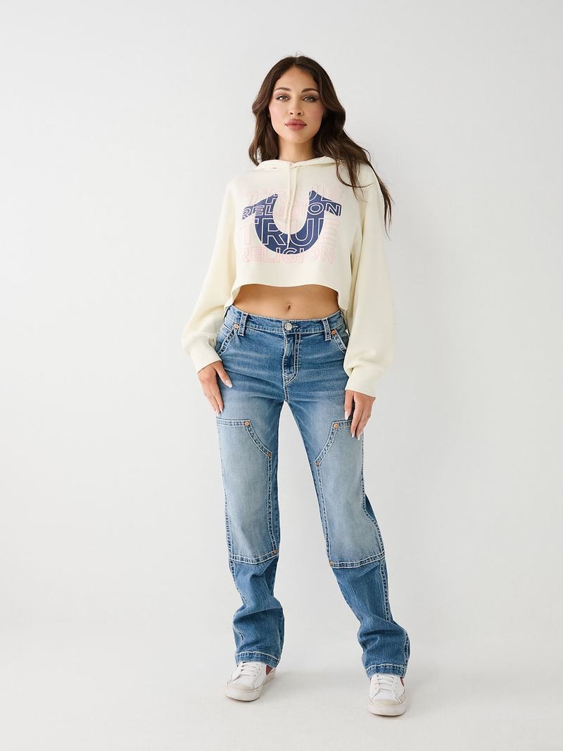 True Religion Logo Crop Hoodie Damen Weiß | 46209VFQX