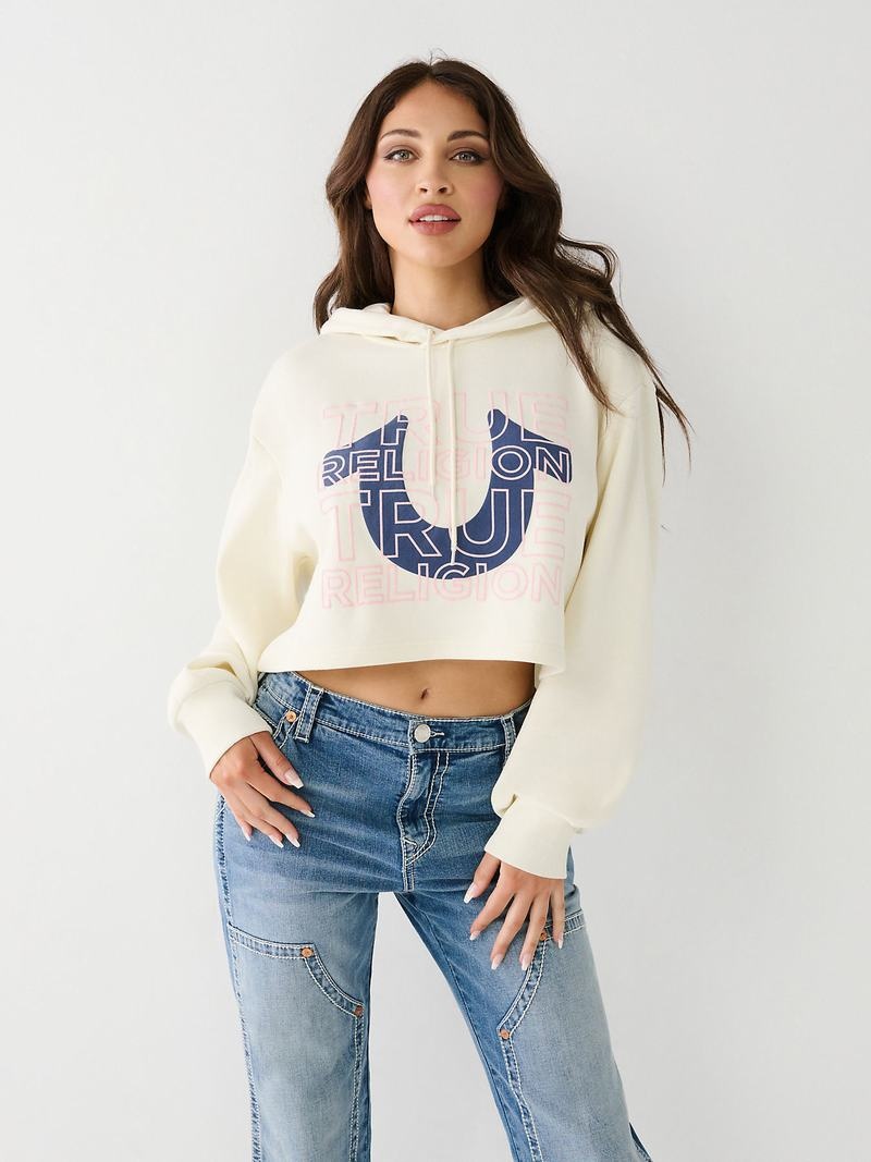 True Religion Logo Crop Hoodie Damen Weiß | 46209VFQX