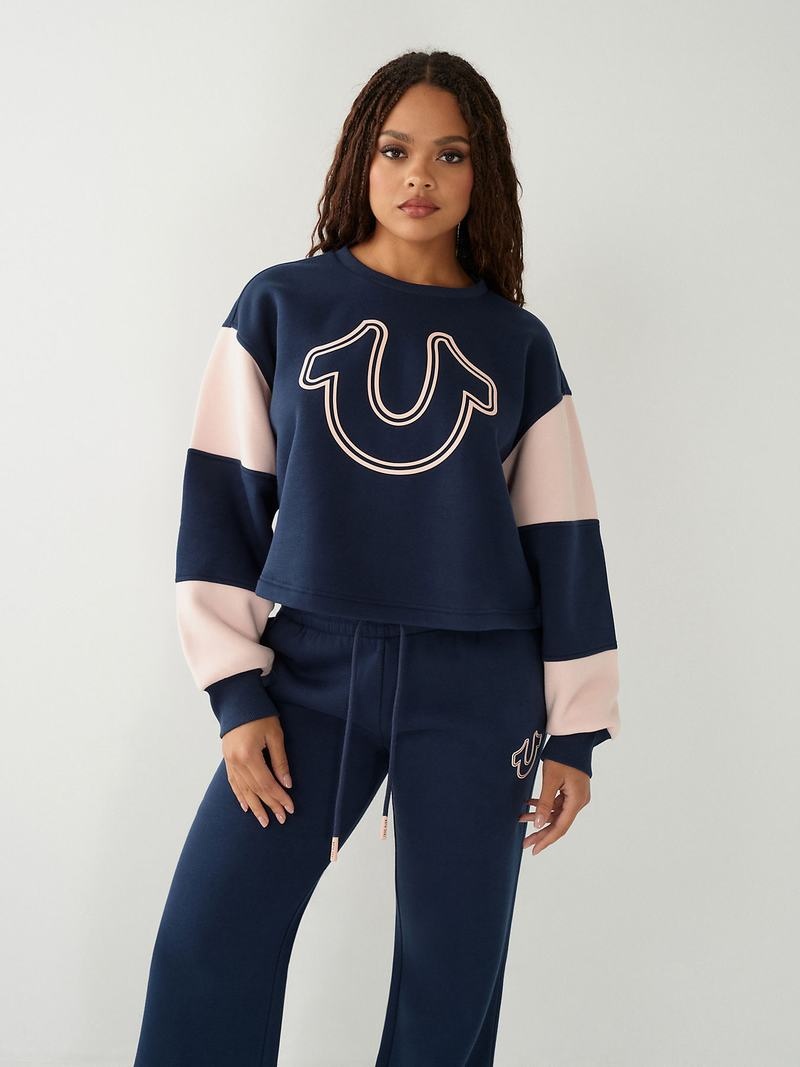 True Religion Logo Crop Sweatshirt Damen Navy Blau | 04152FUVK