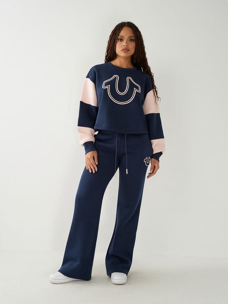 True Religion Logo Crop Sweatshirt Damen Navy Blau | 04152FUVK