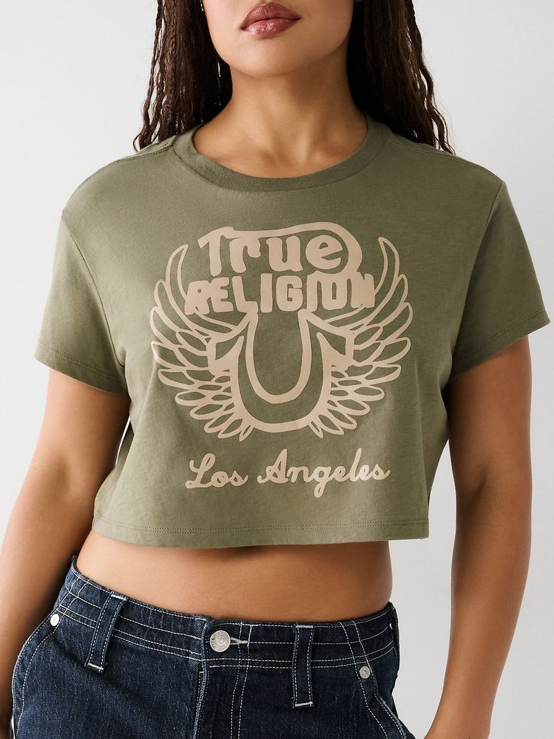 True Religion Logo Crop T-Shirts Damen Olivgrün | 73504AGPZ