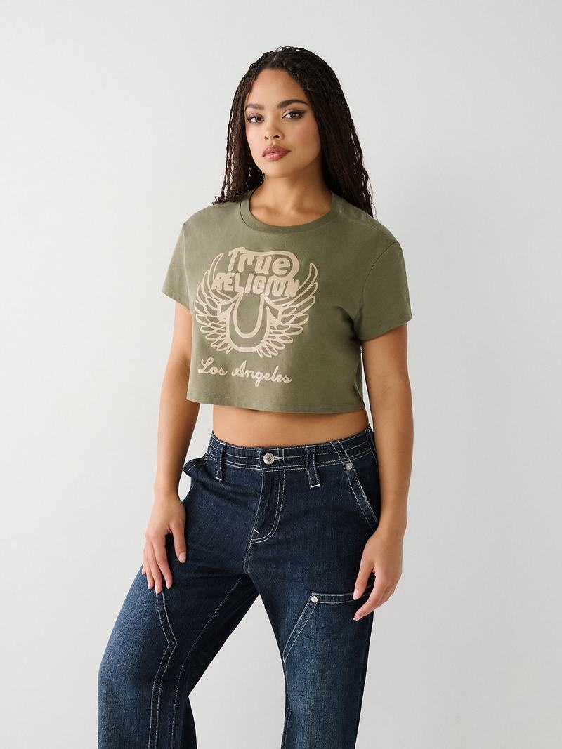 True Religion Logo Crop T-Shirts Damen Olivgrün | 73504AGPZ