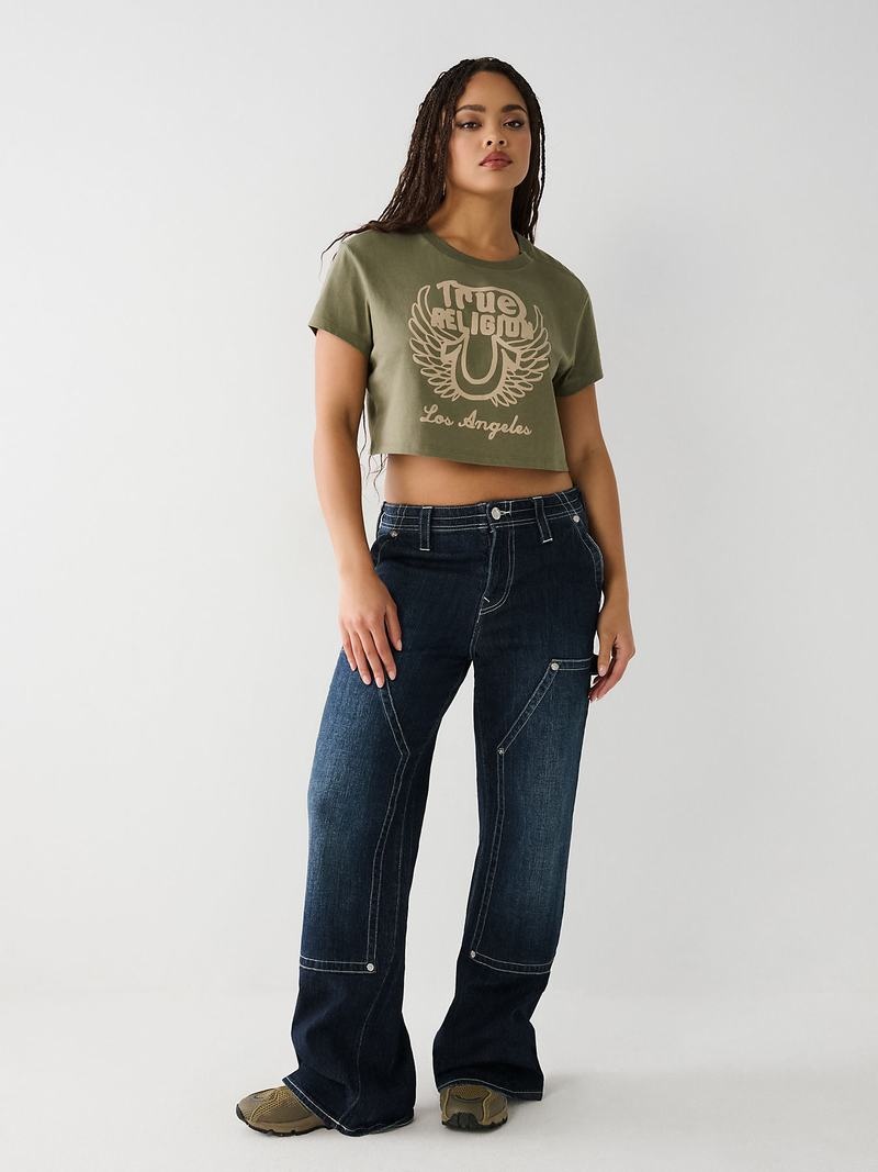 True Religion Logo Crop T-Shirts Damen Olivgrün | 73504AGPZ