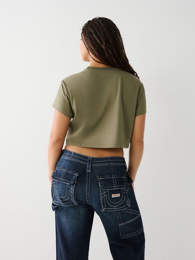 True Religion Logo Crop T-Shirts Damen Olivgrün | 73504AGPZ