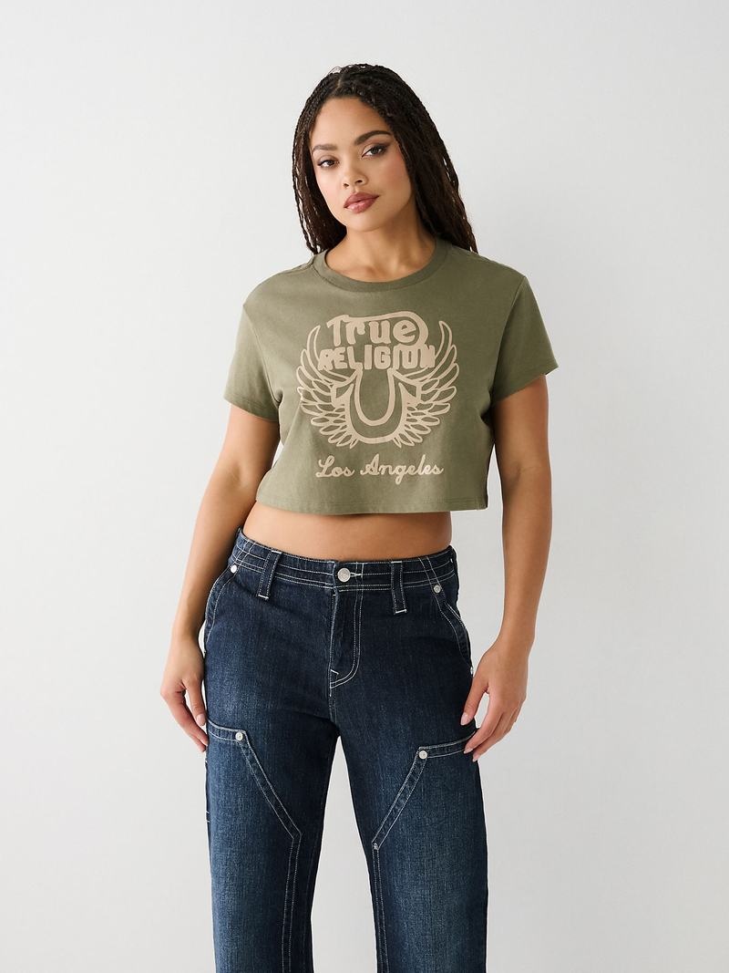 True Religion Logo Crop T-Shirts Damen Olivgrün | 73504AGPZ