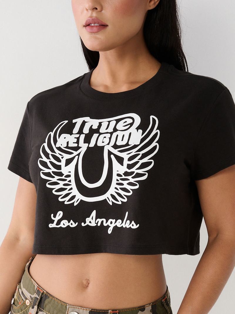 True Religion Logo Crop T-Shirts Damen Schwarz | 68507WHFM