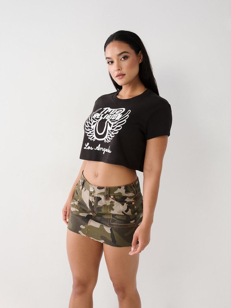 True Religion Logo Crop T-Shirts Damen Schwarz | 68507WHFM