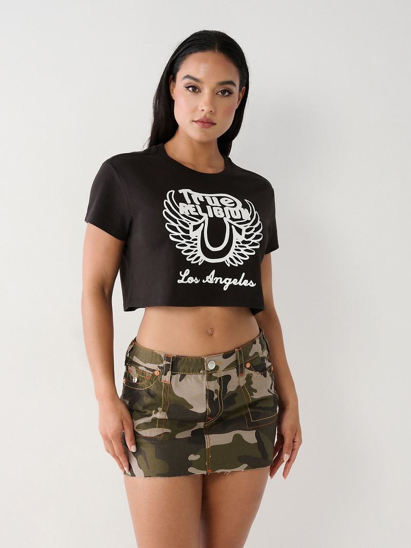 True Religion Logo Crop T-Shirts Damen Schwarz | 68507WHFM