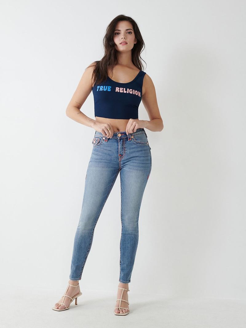 True Religion Logo Crop Tanktop Damen Navy Blau | 49031HNLK