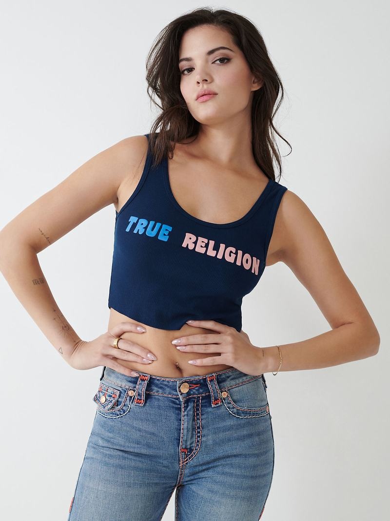 True Religion Logo Crop Tanktop Damen Navy Blau | 49031HNLK