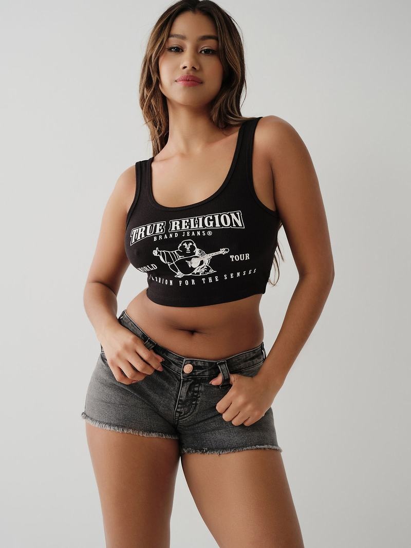 True Religion Logo Crop Tanktop Damen Schwarz | 51287IHDP