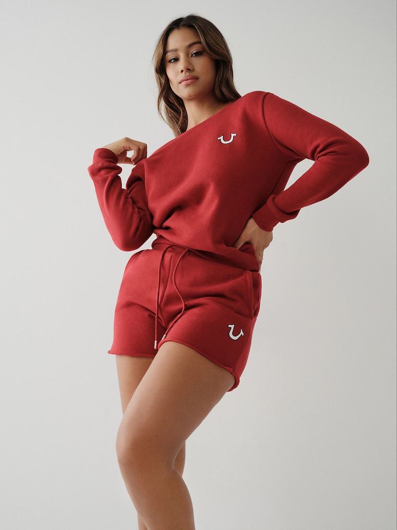 True Religion Logo Sweat Kurze Hose Damen Rot | 82374BJVC