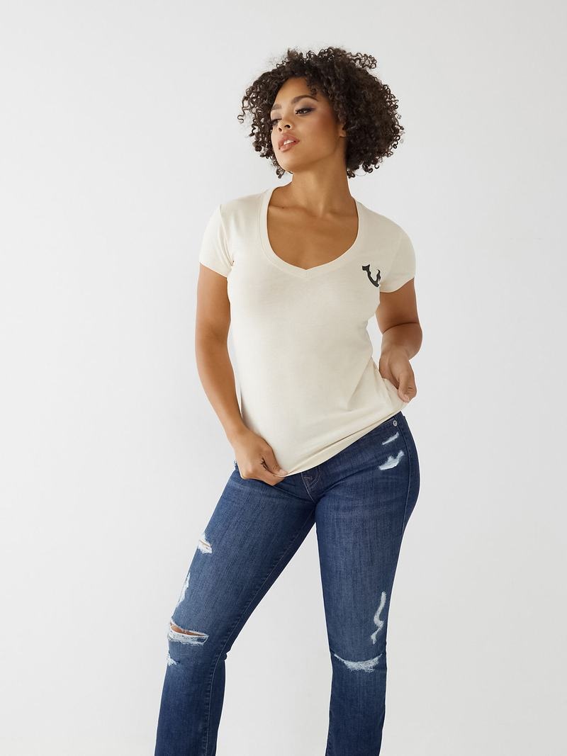 True Religion Logo V T-Shirts Damen Beige | 59873DQFO