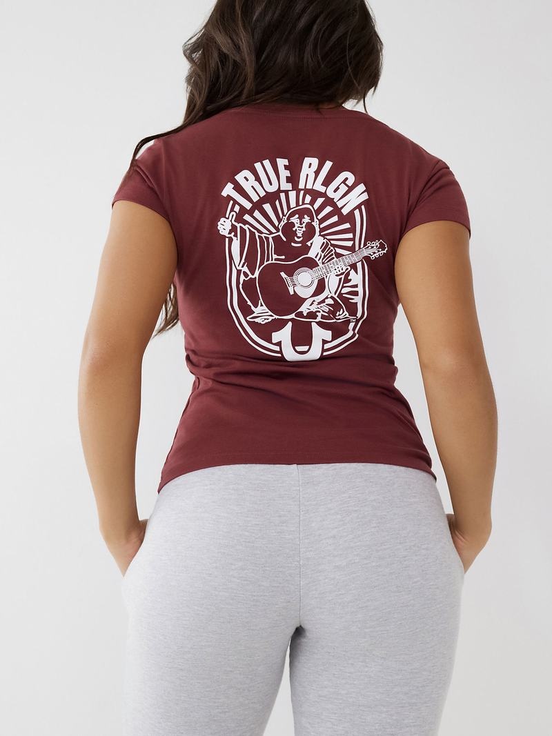 True Religion Logo V T-Shirts Damen Bordeaux | 41235WEQI