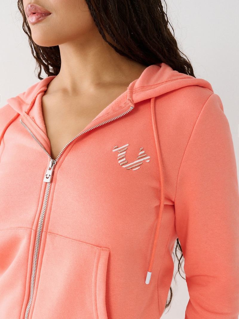 True Religion Logo Zip Hoodie Damen Orange Rosa | 45379HYCD