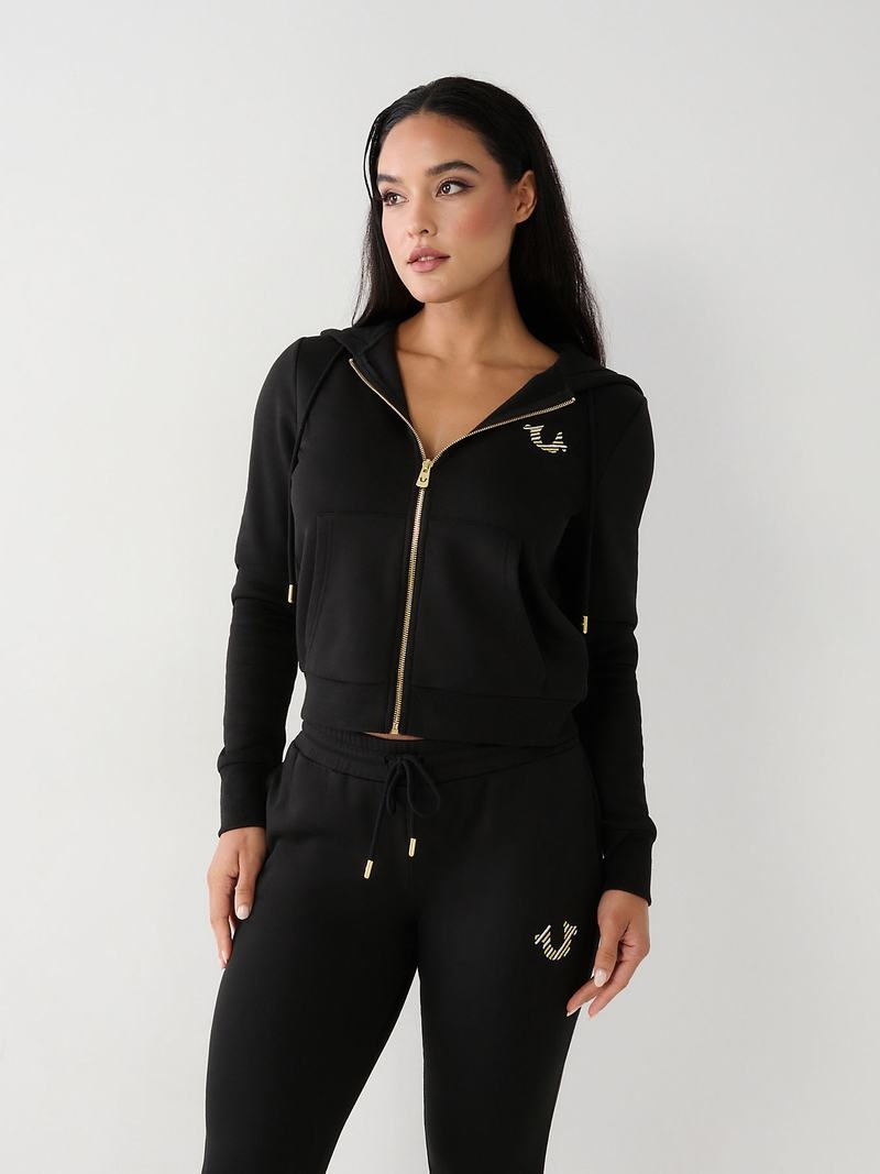 True Religion Logo Zip Hoodie Damen Schwarz | 12067BIXP