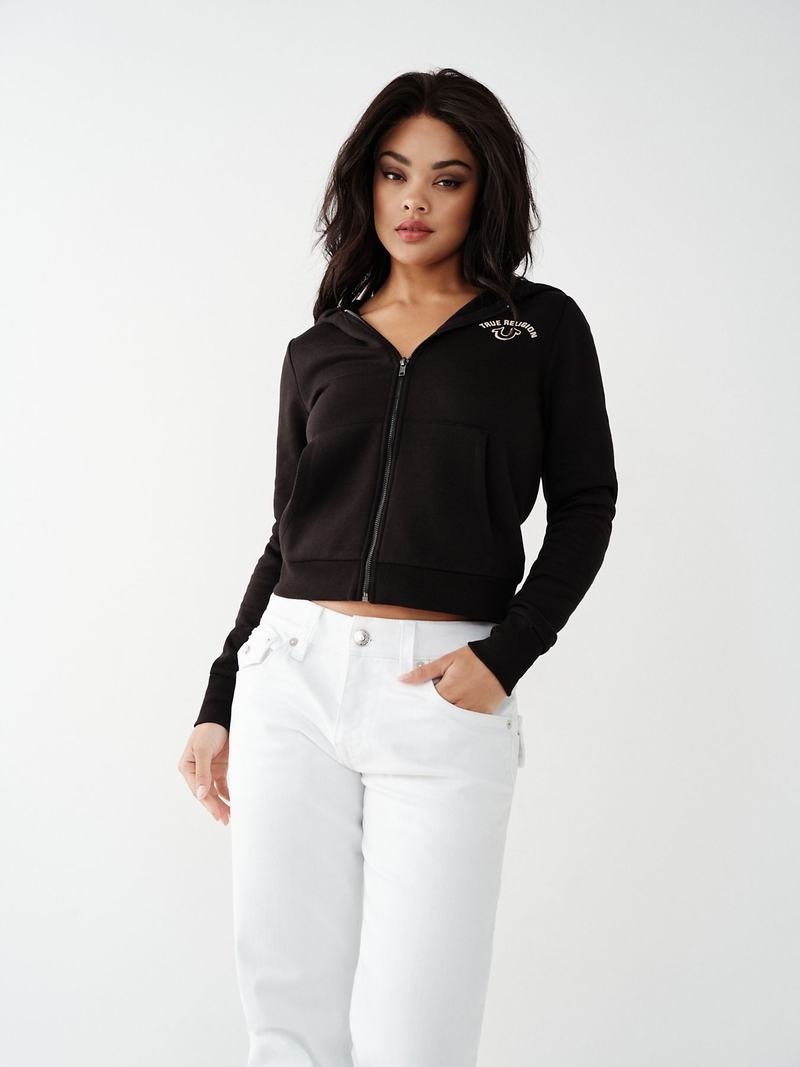 True Religion Logo Zip Hoodie Damen Schwarz | 02841BHQS