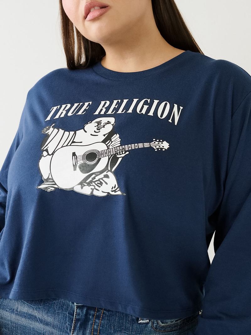 True Religion Long Sleeve Logo Crop T-Shirts Damen Navy Blau | 87236GDZC