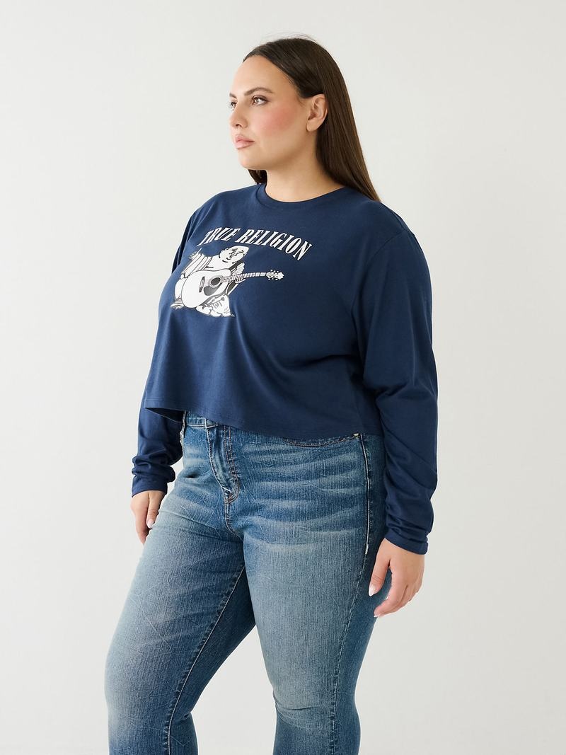 True Religion Long Sleeve Logo Crop T-Shirts Damen Navy Blau | 87236GDZC